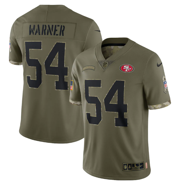 Men's San Francisco 49ers #54 Fred Warner Olive 2022 Salute To Service Limited Stitched Jersey Men's San Francisco 49ers #54 Fred Warner Olive 2022 Salute To Service Limited Stitched Jersey